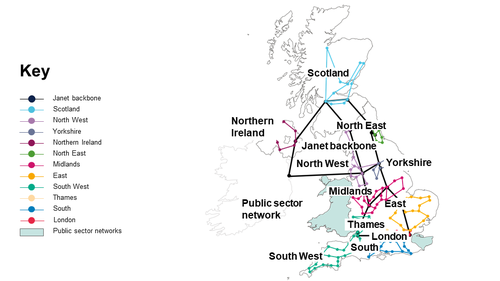 Map of the UK and Northern Ireland showing the Janet Network&#x27;s backbone.