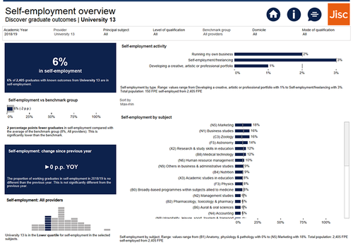 Screenshot of self-employment overview dashboard, using synthetic data.