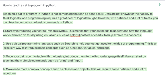 GPT3 response to the prompt &#x27;How to teach a cat to program in Python.&#x27;