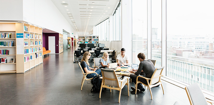 A group research in a library.