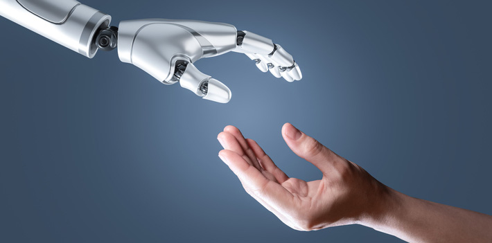 Artificial intelligence robot hand and human hand, Technology and Science concept.