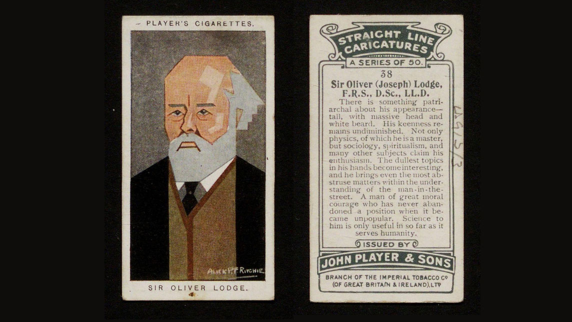Photograph from Player's Cigarette card and cartoon caricature of Sir Oliver Lodge.