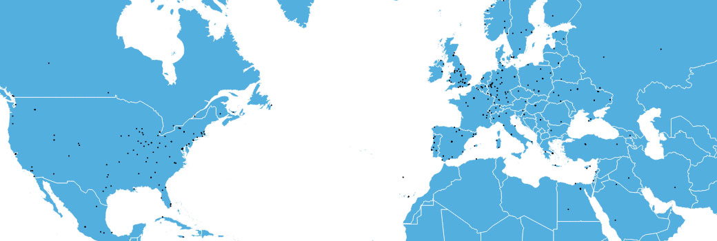 A map with blue dots showing the location of repositories in the northern hemisphere.