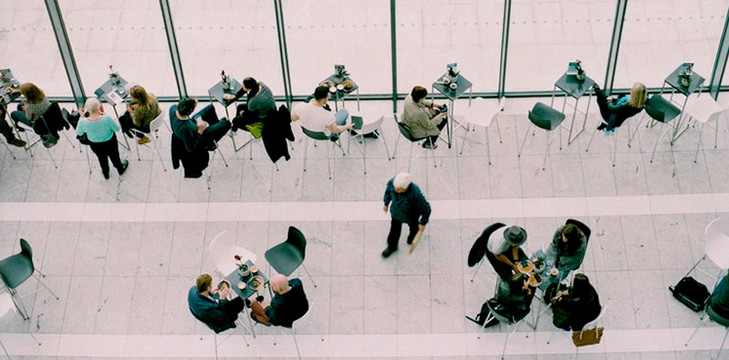 Top down view of students working at tables