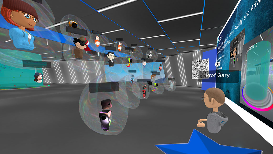 A lecture in virtual reality: students and their professor appear as computer avatars.